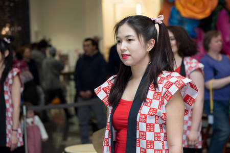 Moscow, Russia - March 5, 2017: group of Japanese Taiko drummers girls perform in "Oceania" shopping center on the at the opening of a new store UNIQLO Unique Clothing Warehouse.のeditorial素材