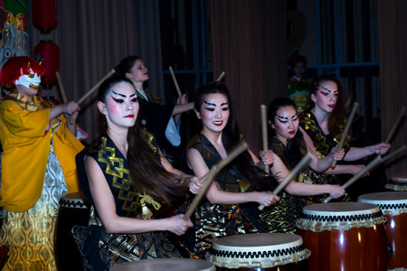 Moscow, Russia - 4 November, 2016: IV citywide action festival  "Night of the Arts". Theatrical dance performance in the Japanese style with Taiko drums in DK Nagorniy.のeditorial素材