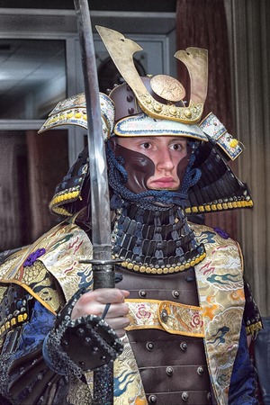 Moscow, Russia - 4 November, 2016: IV citywide action festival  "Night of the Arts". Man in samurai armor in DK Nagorniy.のeditorial素材