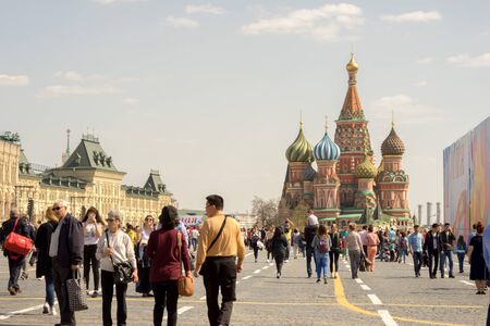 Moscow, Russia - April 30, 2017: People walking on the St Basil cathedral, Red Square.のeditorial素材