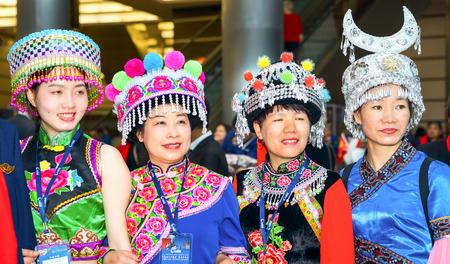 Moscow, Russia - May 21, 2017: Guests of the international conference of the FOHOW company in traditional chinese costume.のeditorial素材