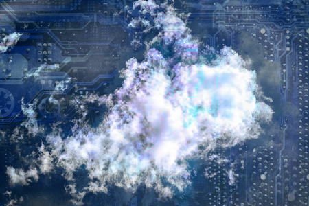 Cloud computing concept. Silhouette of motherboard on background of cloud on blue sky.