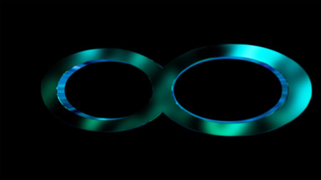 infinity sign in blue and green colors isolated on black turningの写真素材