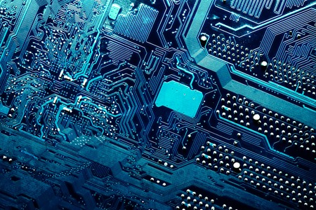 Close up of a printed green computer circuit boardの写真素材