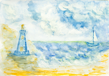 Yacht on the sea and the lighthouse, watercolor illustrationの写真素材