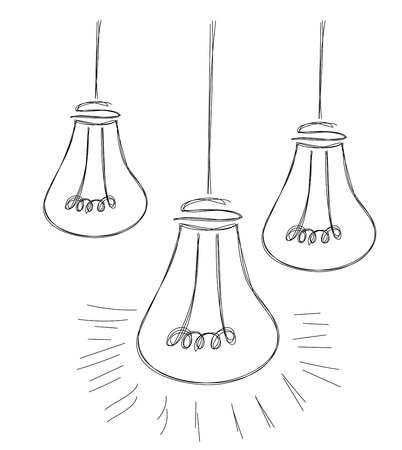 Three bulblamp doodle black line icon art pencil drawn isolated vector illustration. Idea sign, solution, thinking concep. Lighting electric lamp. Electricity, shine.のイラスト素材