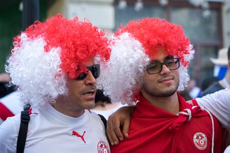 Moscow, Russia - June 23, 2018: two iranian sport fans on the Nikolskaya street in Moscow during soccer world championship.のeditorial素材