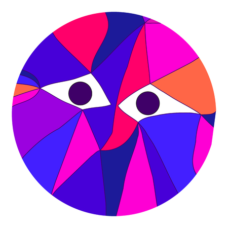 Vector illustration of abstract background for design. Polygonal Mosaic. Triangular low poly flat style. Portrait of creature with eyes in cubisma bstractionism in a cirle isolated on white backgroundのイラスト素材