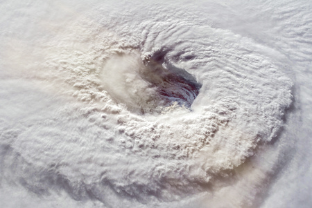 Hurricane Florence over the Atlantics close to the US coast . Gaping eye of a category 4 hurricane.