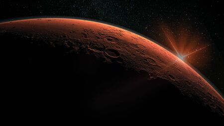 Mars high resolution image. Mars is a planet of the solar system. Sunrise with lens flare.