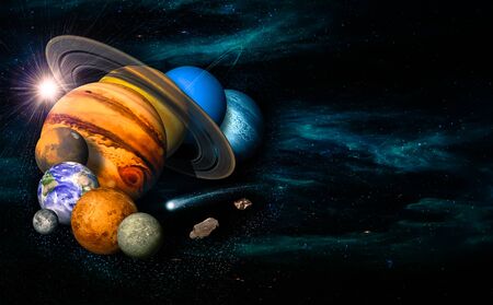Solar system eight planets, comet and asteroid.  Mercury, Venus, planet Earth, Mars, Jupiter,...