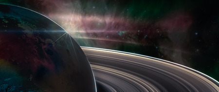 Saturn planet with rings in outer space, with galaxy background.