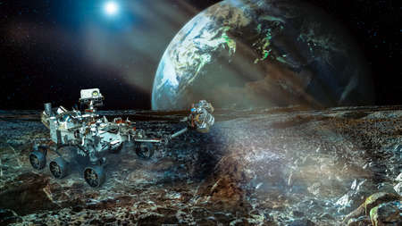 Rover on the Mars. Collage. Earth planet on the backstage.