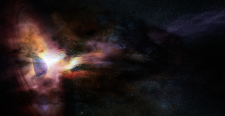 Abstract space wallpaper. Black hole with flares dust clouds in outer space. Elements of this image...