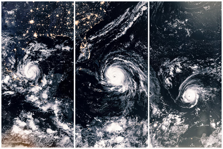 Three hurricanes in a line, separated into frames.
