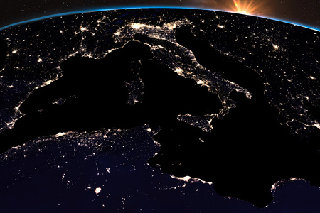 Earth night light at central Europe. Italy close up view. Sunshine from .の写真素材
