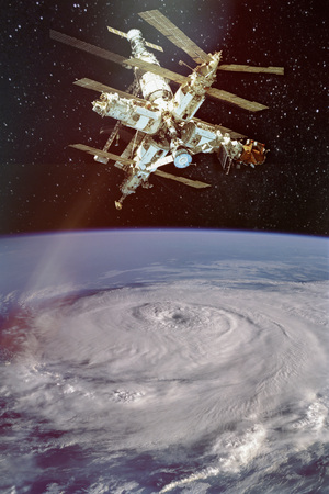 Giant hurricane seen from the , and iss above.
