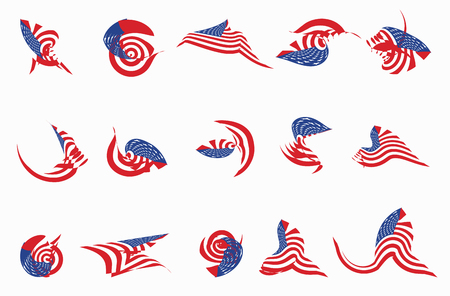 Set of 15 different curved USA star flag logo stripes design elements vector icons on whiteのイラスト素材