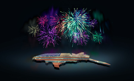 Conceptual United States of America map with USA flag ground floor and firework above in a darkの写真素材