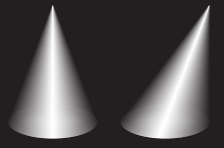 Set of two white conical light source isolated on black background for your design in lighten mode. Stage spotlight at an acute and at a right angle.のイラスト素材