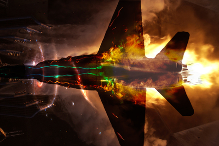 Collage with flying aircraft with exploding aero engine just before air crash.の写真素材