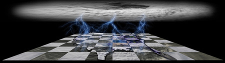 Climatic weapon concept - hurricane with lightning bolts over a game of chess with the USA map.の写真素材