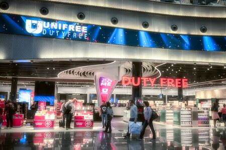 Istanbul, Turkey - April 14,2019: people waiting in the New International Istanbul airport duty free area.のeditorial素材