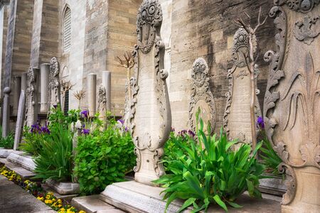 Istanbul, Turkey - April 14, 2019: A lot of unique shapes of tombstone  at the grave near Gulkhan Park, Istanbul.のeditorial素材