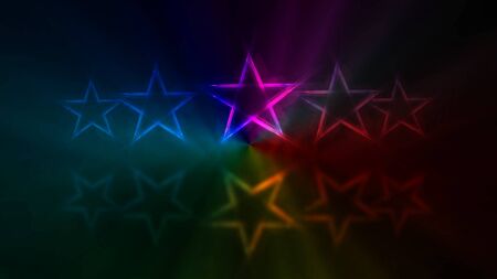 Five stars customer product rating review. Row of neon lights stars witn mirror reflection on the...