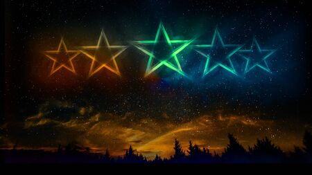 Neon lights five stars as a constellation in the starry sky above the forest landscape.