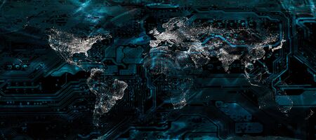 Global city lights world map on the motherboard pattern.の写真素材