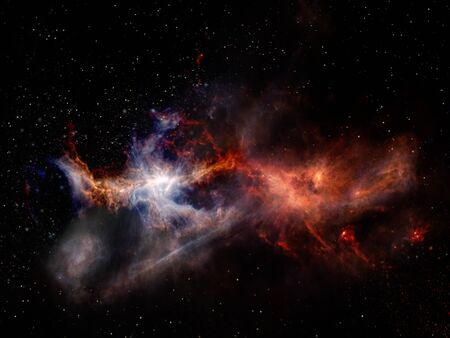 Struggle of the two elements in outer space. Landscape with stars and nebulae of red and blue...