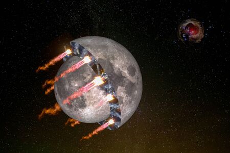 Halves of the moon as a spaceship, sci fi futuristic object propelled by a giant ion drive and...