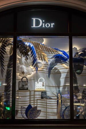 Moscow, Russia - December 9, 2019: Dior storefront with handbags.のeditorial素材