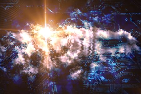 Quantum computing and cloud comluting concept. Abstract glowing electronic circuit with clouds and...