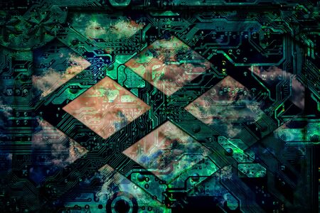 Protected guard grid shield circuit board cloud comluting concept. Electronic computer hardware...