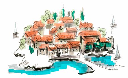 St Stefan island in Budva, Montenegro, hand drawn marker sketch illustration isolated on white.のイラスト素材