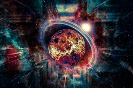 Star with rings in the reflections of the space launch of technological structuresの写真素材
