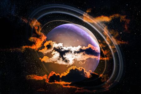Alien landscape of dawn majestic clouds in the sky and moon with rings.の写真素材
