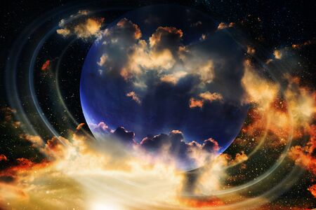 Alien landscape of dawn majestic clouds in the sky and moon with rings.の写真素材