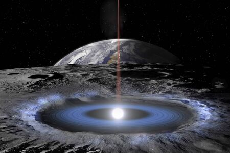 Alien hatch in the crater of the moon and laser beam directed towards the earth.の写真素材