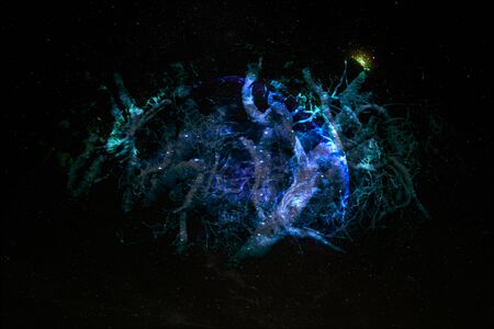 Interlaced roots shape alien planet in galaxy.       .の写真素材