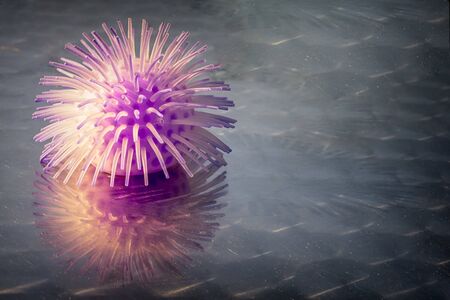 Toy ball looks like coronavirus on a reflective surface with copy space.の写真素材