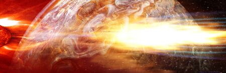Meteorite flies above the Jupiter in outer spaceの写真素材