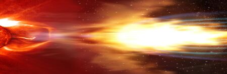 A bright comet with large dust and gas trails.の写真素材