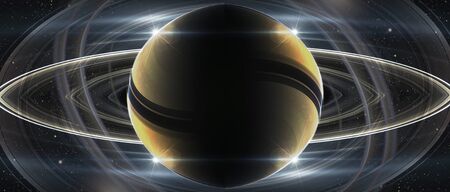 Saturn symmetric sci fi image. Sphere with dark center surrounded by lights and ringsの写真素材