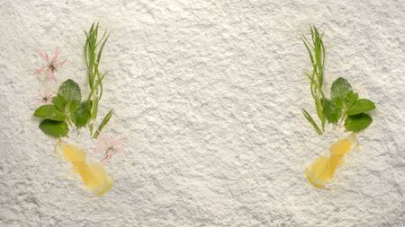 Two groups of mojito ingridients  on a white powder background. Frame of ingridients. Template for menu. Copy space. Place for text.の写真素材