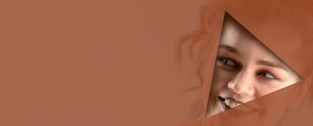 Beautiful girl with brown shadows and expressive eyebrows looks into the hole of translucent colored paper. Fashion, beauty, make-up, cosmetics, beauty salon, style, personal care.の写真素材