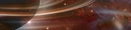 Planet saturn with rings at sunrise on the space background, panoramic view.