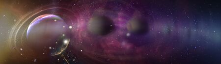 Extrasolar gas planet with moons on background nebula. Panorama of a distant planet system from...
